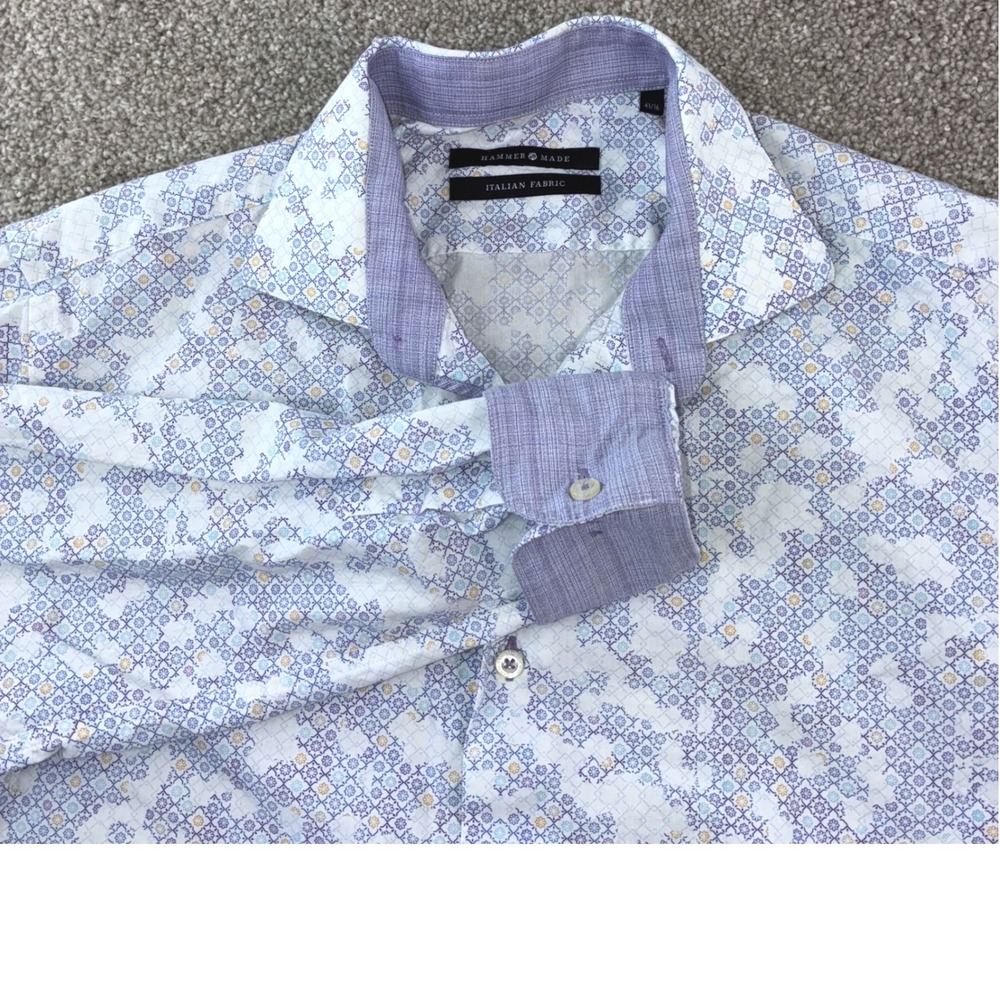 Hammer Made Mens Size 16 Italian Fabric Purple Geometric Button Up Casual Dress
